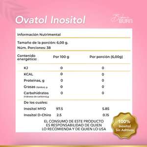 Inositol Ovatol Myo Inositol y D-Chiro, Radio 40:1 en Polvo con 6gr por porción, 38 porciones, Alta Biodisponibilidad Sin agregados 230g Bikini Burn