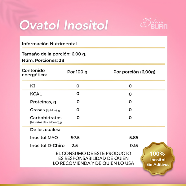 Inositol Ovatol Myo Inositol y D-Chiro, Radio 40:1 en Polvo con 6gr por porción, 38 porciones, Alta Biodisponibilidad Sin agregados 230g Bikini Burn